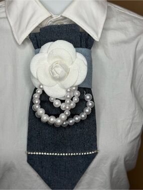 Denim Statement Tie Brooch with White Camellia and Pearls